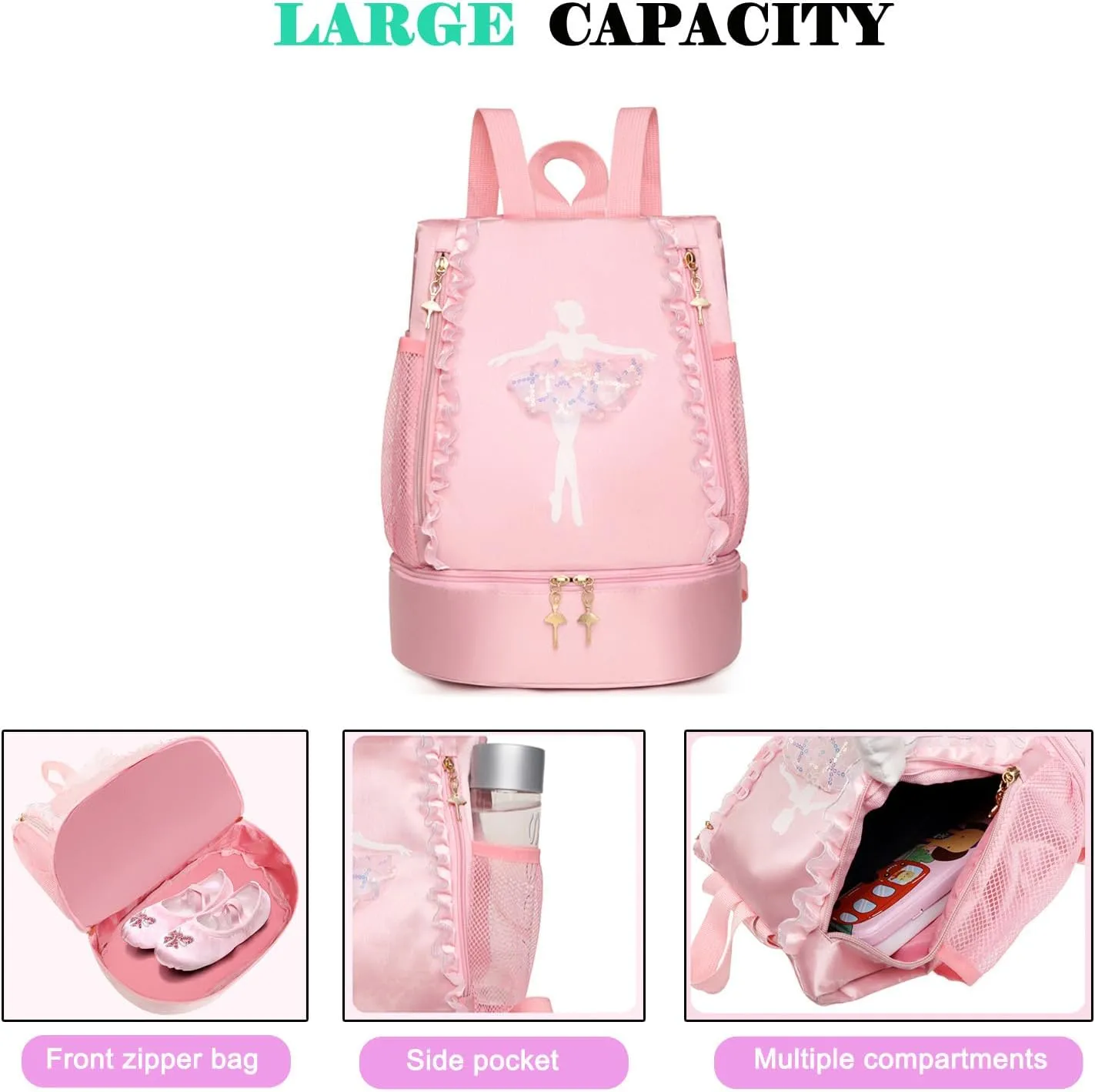 Cute Ballet Dance Backpack with Separate Shoe Compartment,Gymnastics Ballet Bags,Tutu Dress Dance Bag,Ballerina Duffle Bag (Pink)