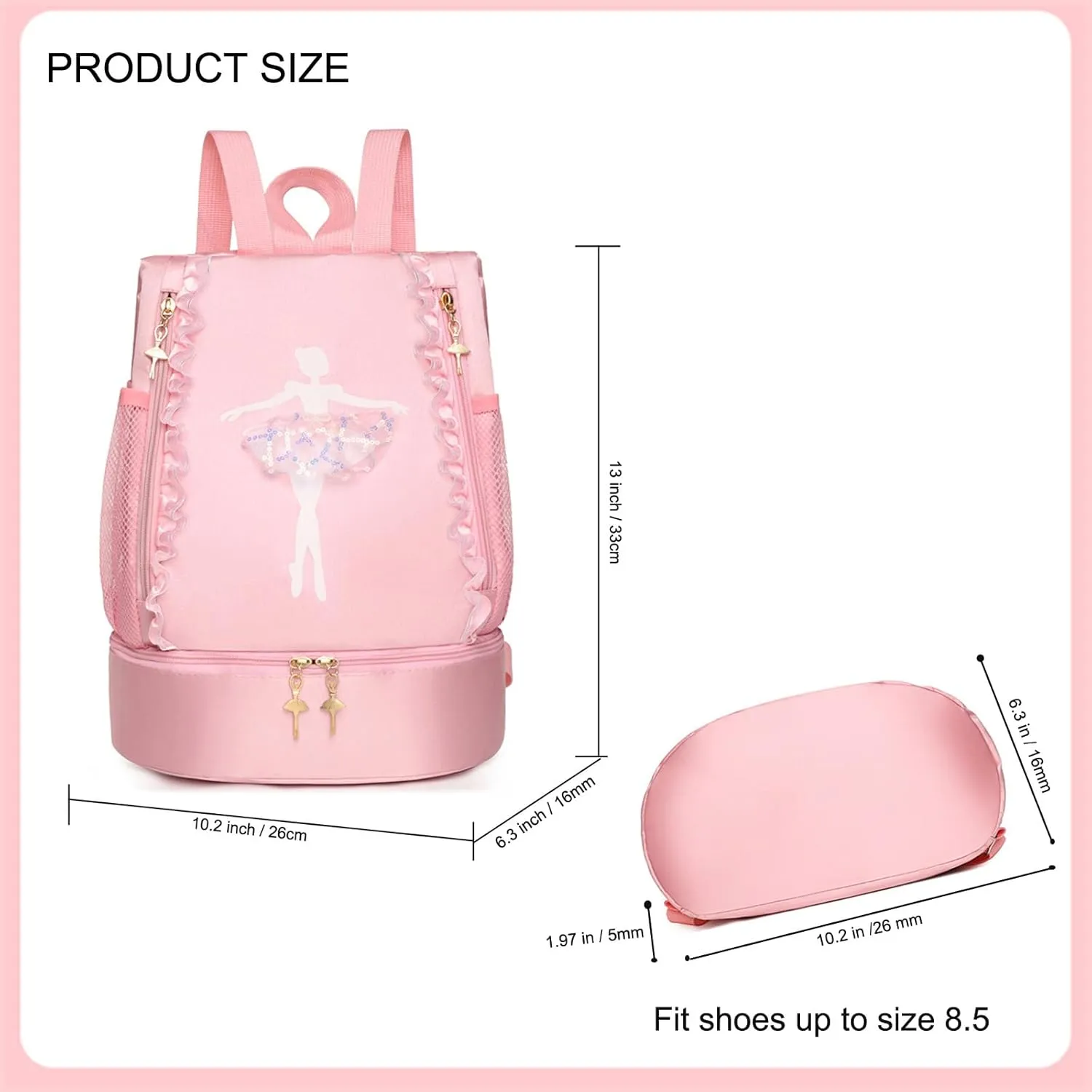 Cute Ballet Dance Backpack with Separate Shoe Compartment,Gymnastics Ballet Bags,Tutu Dress Dance Bag,Ballerina Duffle Bag (Pink)
