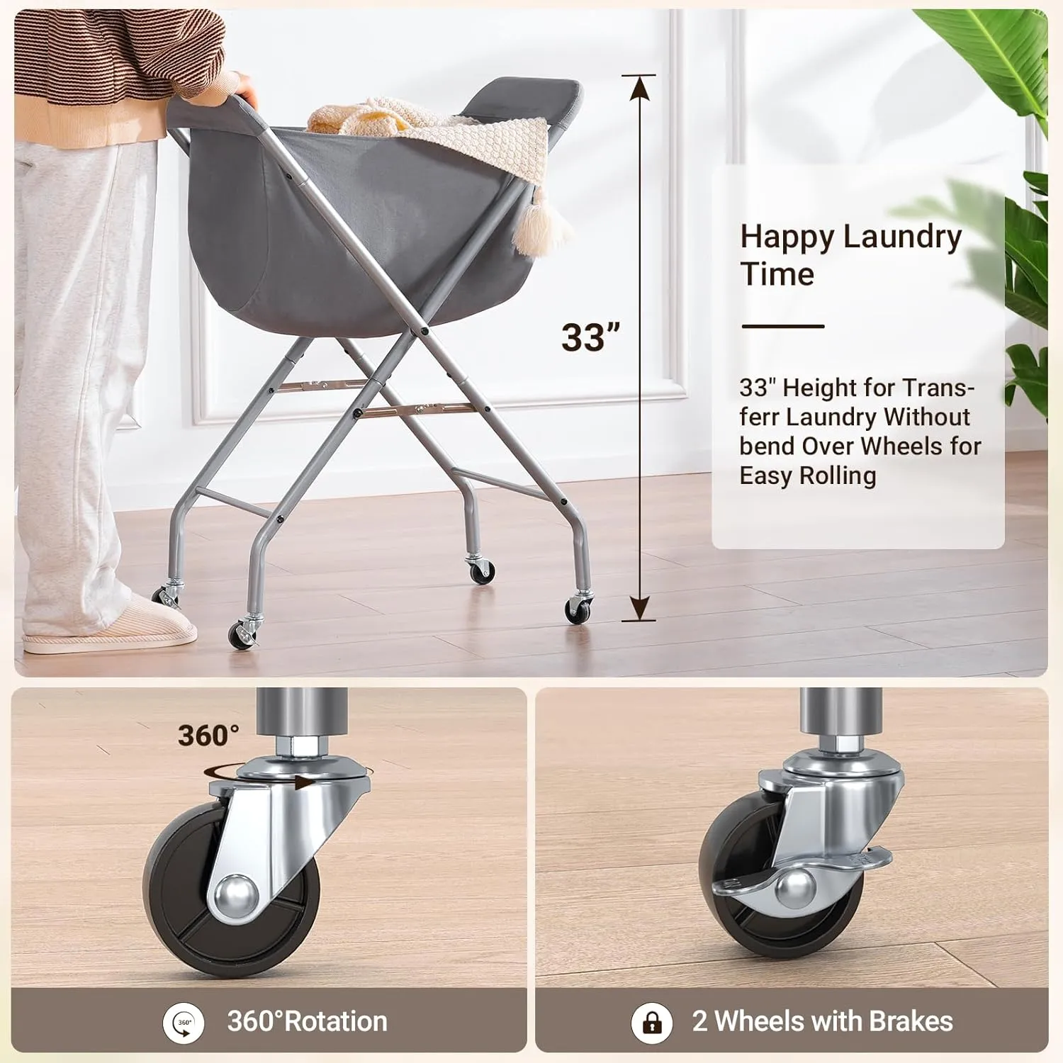 ELYKEN Laundry Cart with Wheels, 33H Easy Rolling Laundry Hamper with Removable Liner Bag, Sturdy Metal Frame Clothes Basket with 4 Casters and 2 Brakes