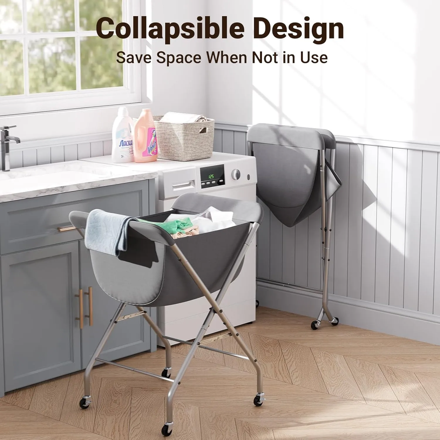 ELYKEN Laundry Cart with Wheels, 33H Easy Rolling Laundry Hamper with Removable Liner Bag, Sturdy Metal Frame Clothes Basket with 4 Casters and 2 Brakes