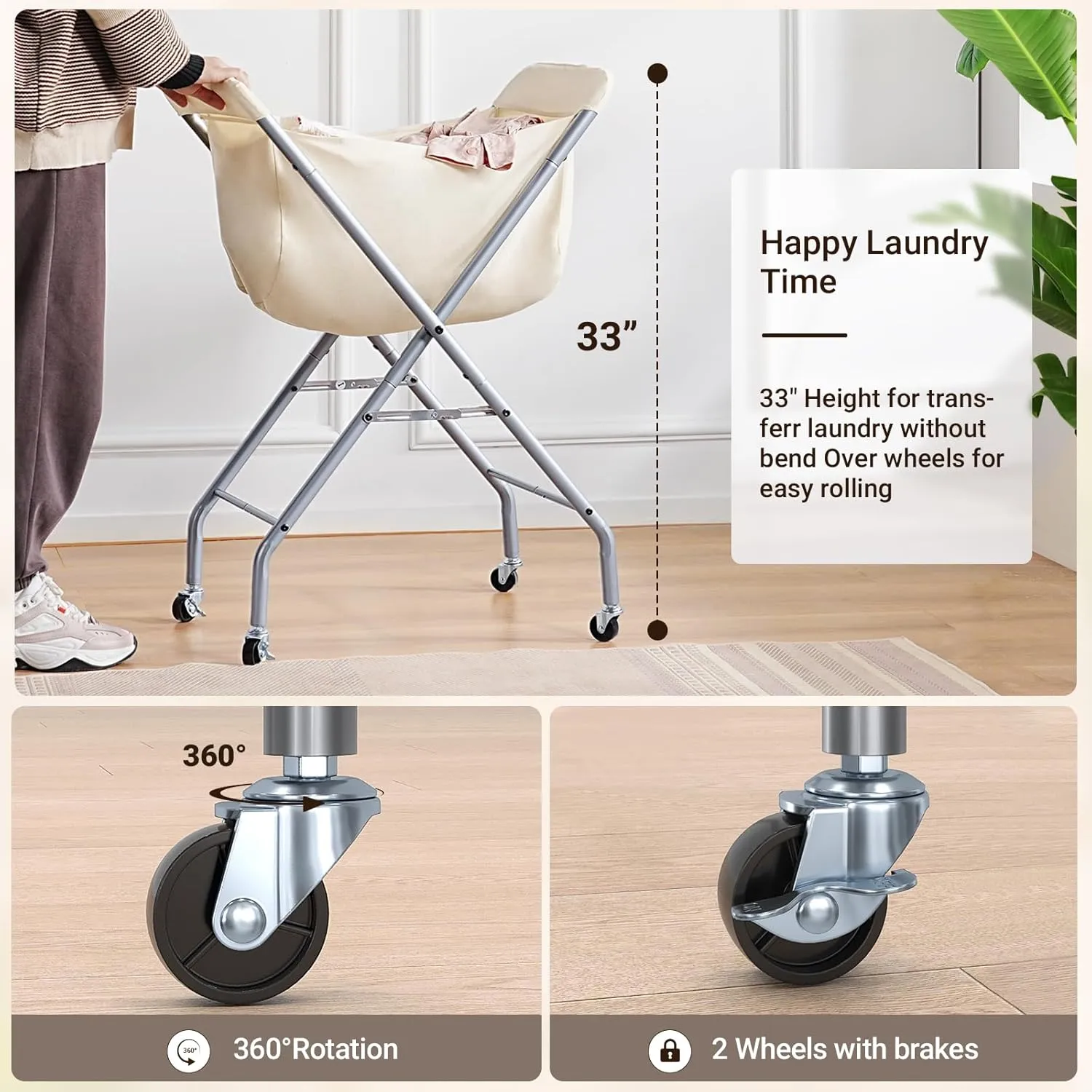 ELYKEN Laundry Cart with Wheels, 33H Easy Rolling Laundry Hamper with Removable Liner Bag, Sturdy Metal Frame Clothes Basket with 4 Casters and 2 Brakes