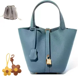 Genuine Leather Bucket BagRuffle Tote BagGenuine Leather Lock DesignVegetable Basket Versatile Shoulder Handbag 