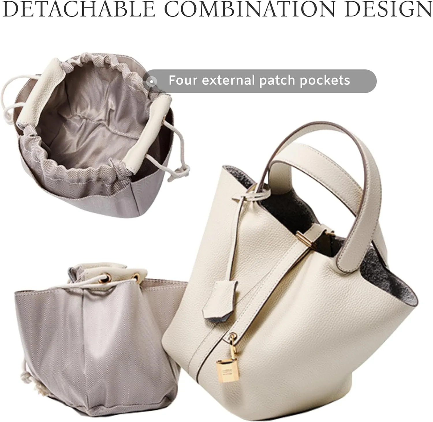 Genuine Leather Bucket BagRuffle Tote BagGenuine Leather Lock DesignVegetable Basket Versatile Shoulder Handbag 