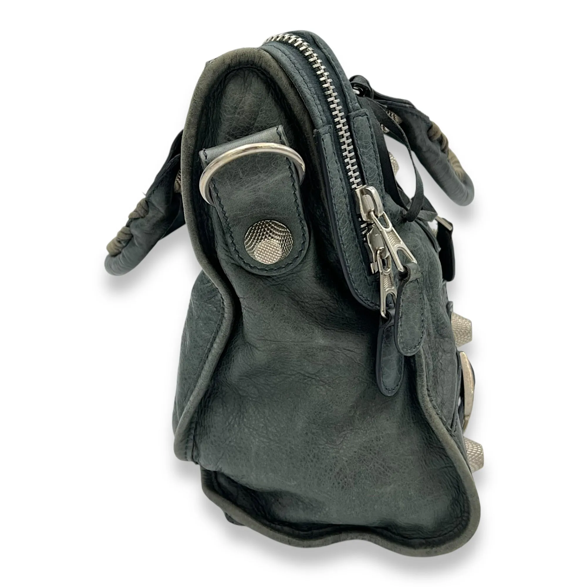 Giant City Medium Green Top Handle Bag in Distressed Leather, Silver hardware