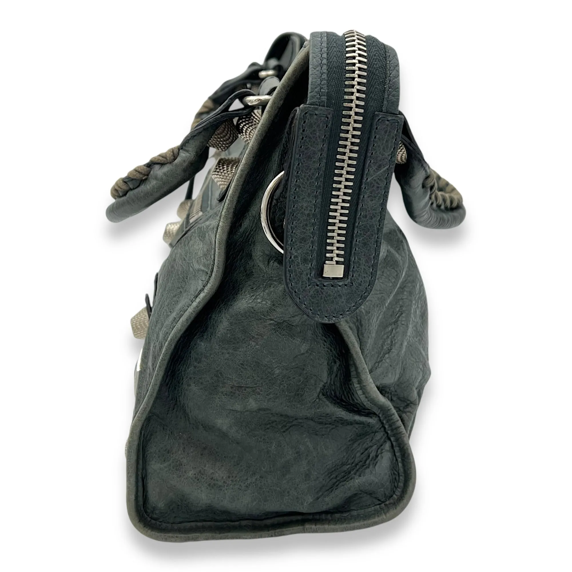 Giant City Medium Green Top Handle Bag in Distressed Leather, Silver hardware