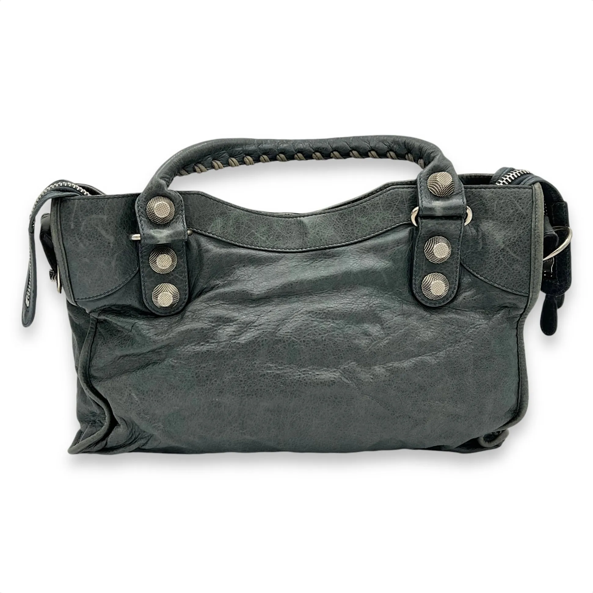 Giant City Medium Green Top Handle Bag in Distressed Leather, Silver hardware