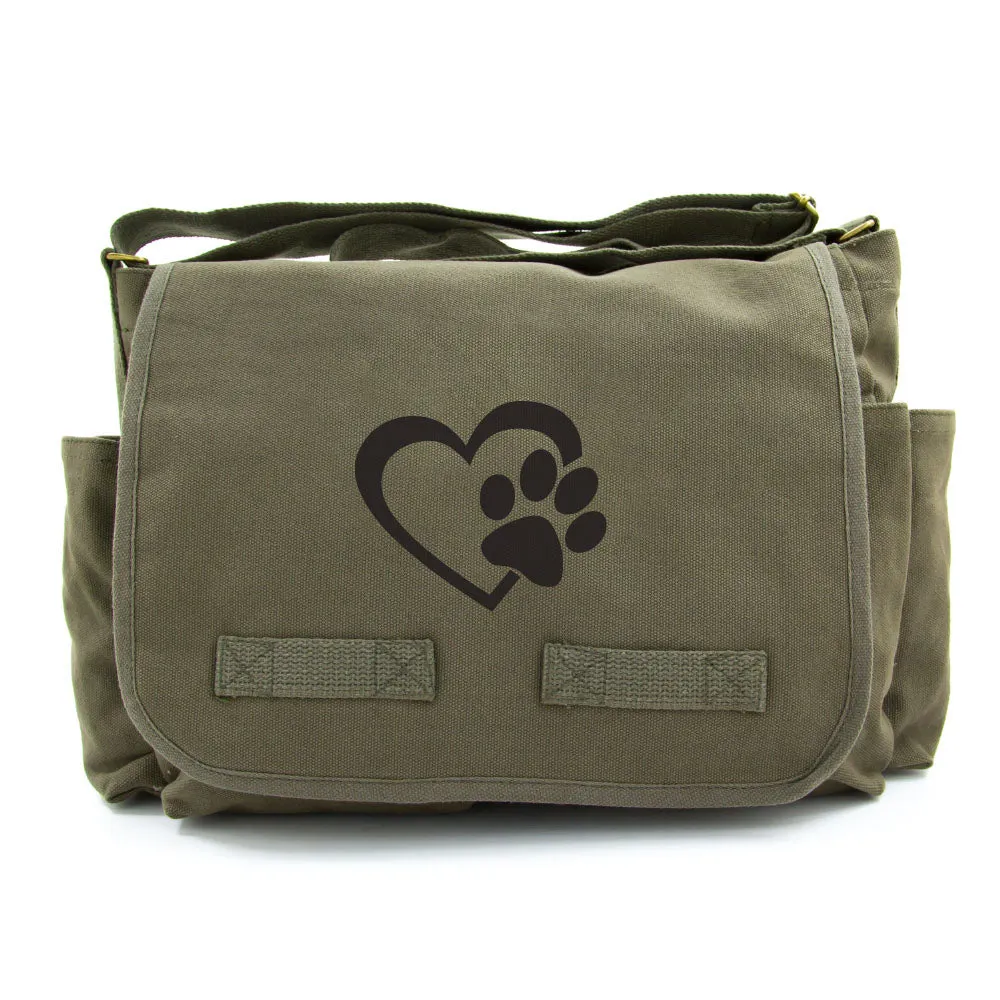 Heart With Dog Paw Puppy Love Army Heavyweight Canvas Messenger Shoulder Bag