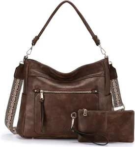 Kasqo Hobo Bags for Women,Medium Vegan Leather Handbag with Wallet Pouch Guitar Strap Crossbody Tote Purse Shoulder Bag