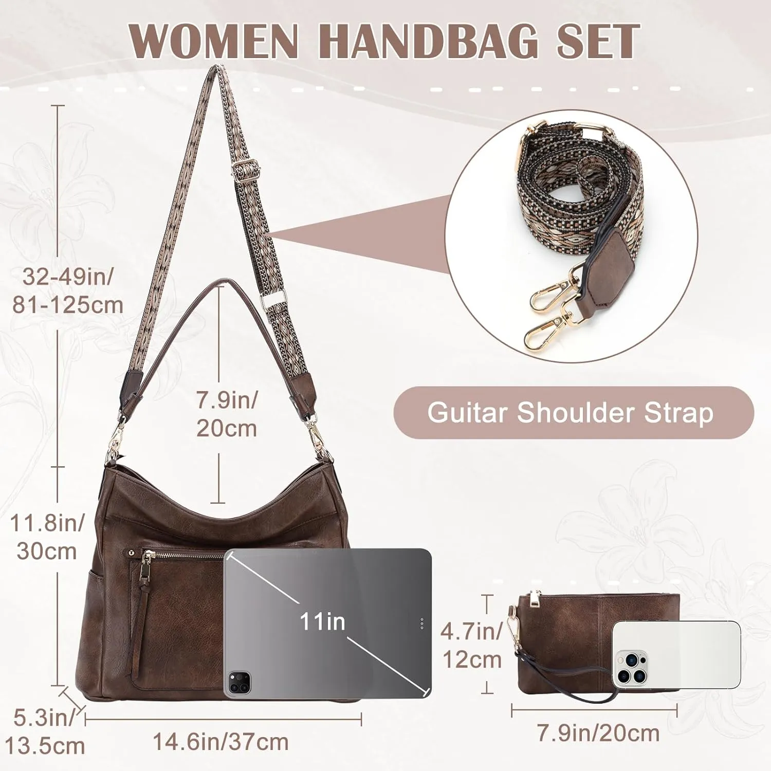 Kasqo Hobo Bags for Women,Medium Vegan Leather Handbag with Wallet Pouch Guitar Strap Crossbody Tote Purse Shoulder Bag