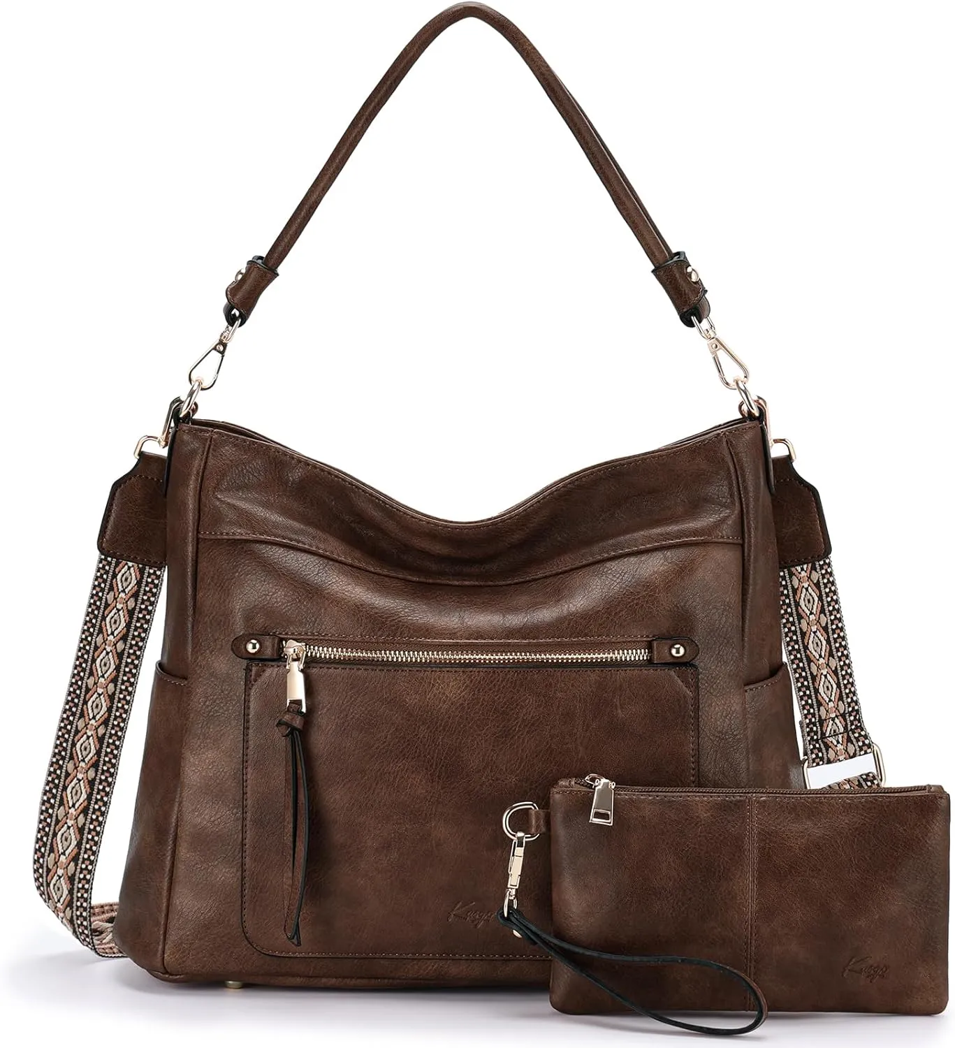 Kasqo Hobo Bags for Women,Medium Vegan Leather Handbag with Wallet Pouch Guitar Strap Crossbody Tote Purse Shoulder Bag