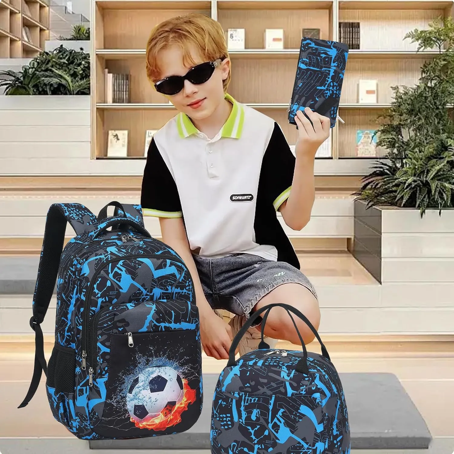 LEDAOU Backpack for Kids Boys Girls School Bags Teen Bookbags Set School Backpack with Lunch Box and Pencil Case
