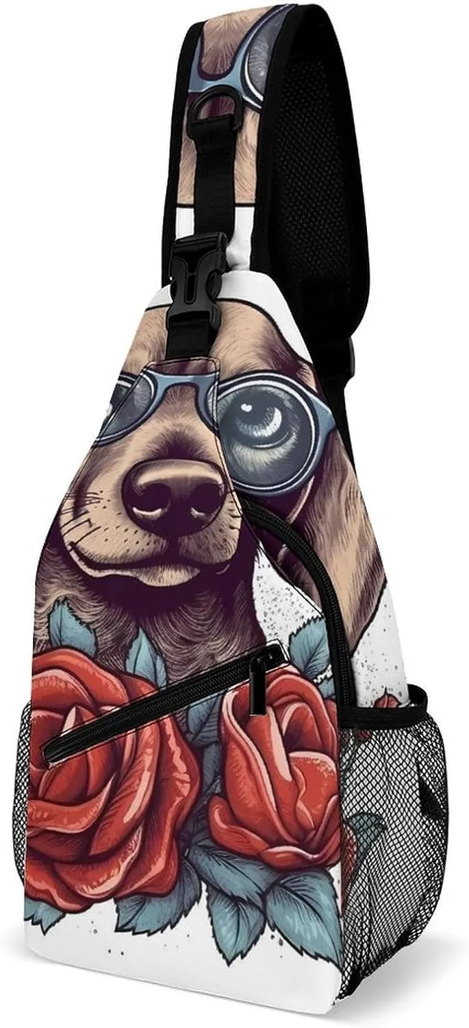 Lightweight Chest Bag Crossbody Bag Dog Wearing Glasses Sling Backpack for Women Men Sports Travel