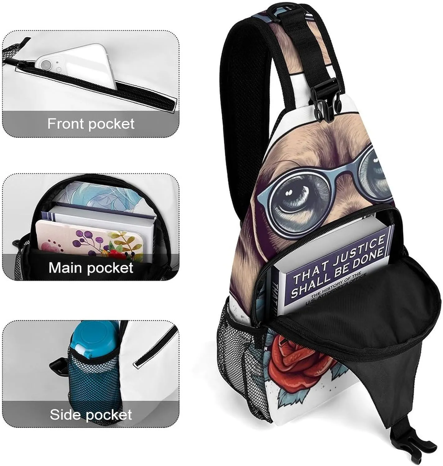 Lightweight Chest Bag Crossbody Bag Dog Wearing Glasses Sling Backpack for Women Men Sports Travel