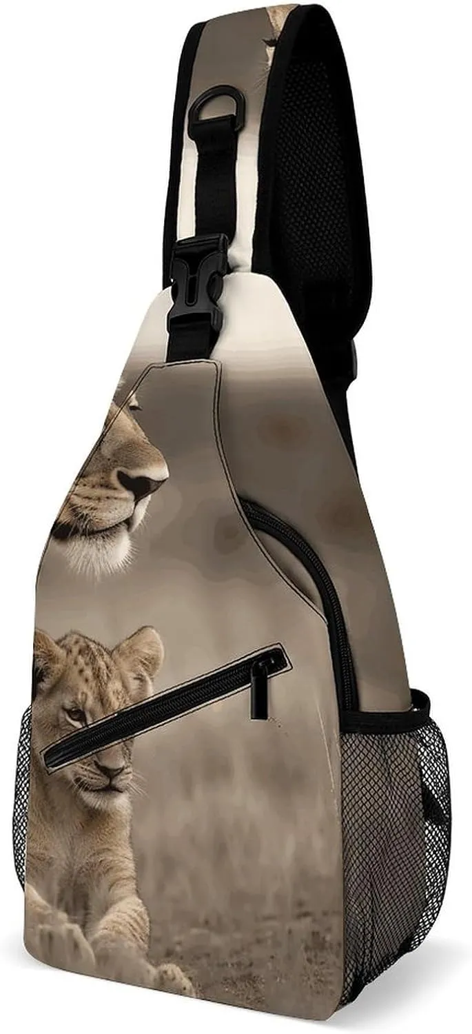 Lightweight Chest Bag Crossbody Bag Lioness with Cub Sling Backpack for Women Men Sports Travel