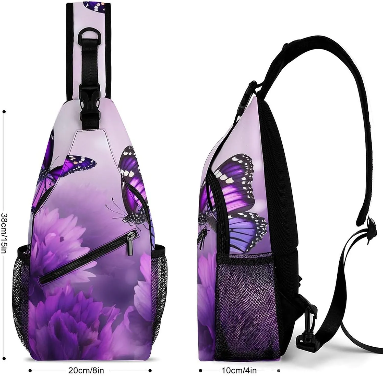 Lightweight Chest Bag Crossbody Bag Purple Flower Butterflies Sling Backpack for Women Men Sports Travel
