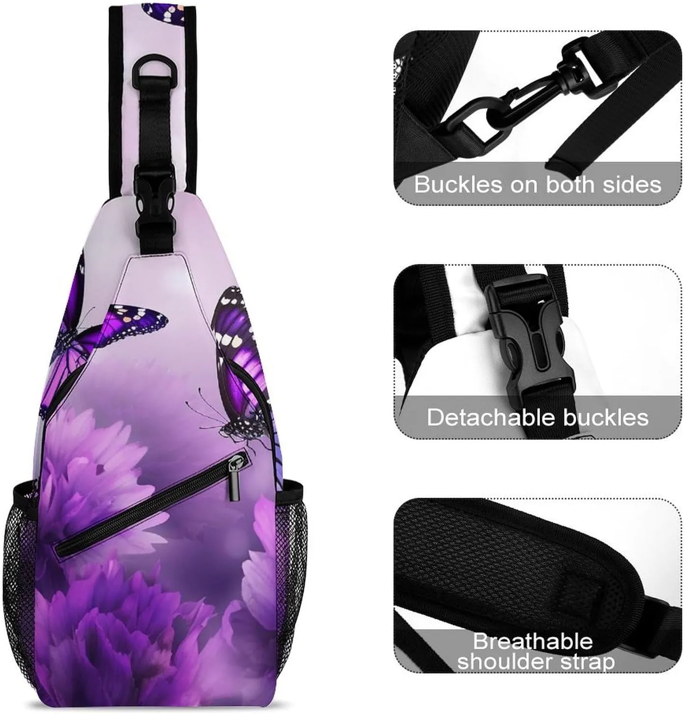 Lightweight Chest Bag Crossbody Bag Purple Flower Butterflies Sling Backpack for Women Men Sports Travel