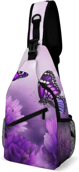 Lightweight Chest Bag Crossbody Bag Purple Flower Butterflies Sling Backpack for Women Men Sports Travel