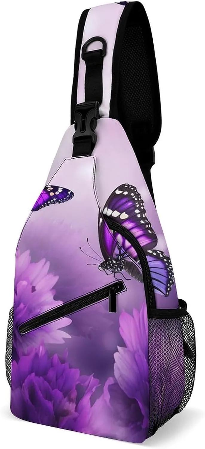 Lightweight Chest Bag Crossbody Bag Purple Flower Butterflies Sling Backpack for Women Men Sports Travel