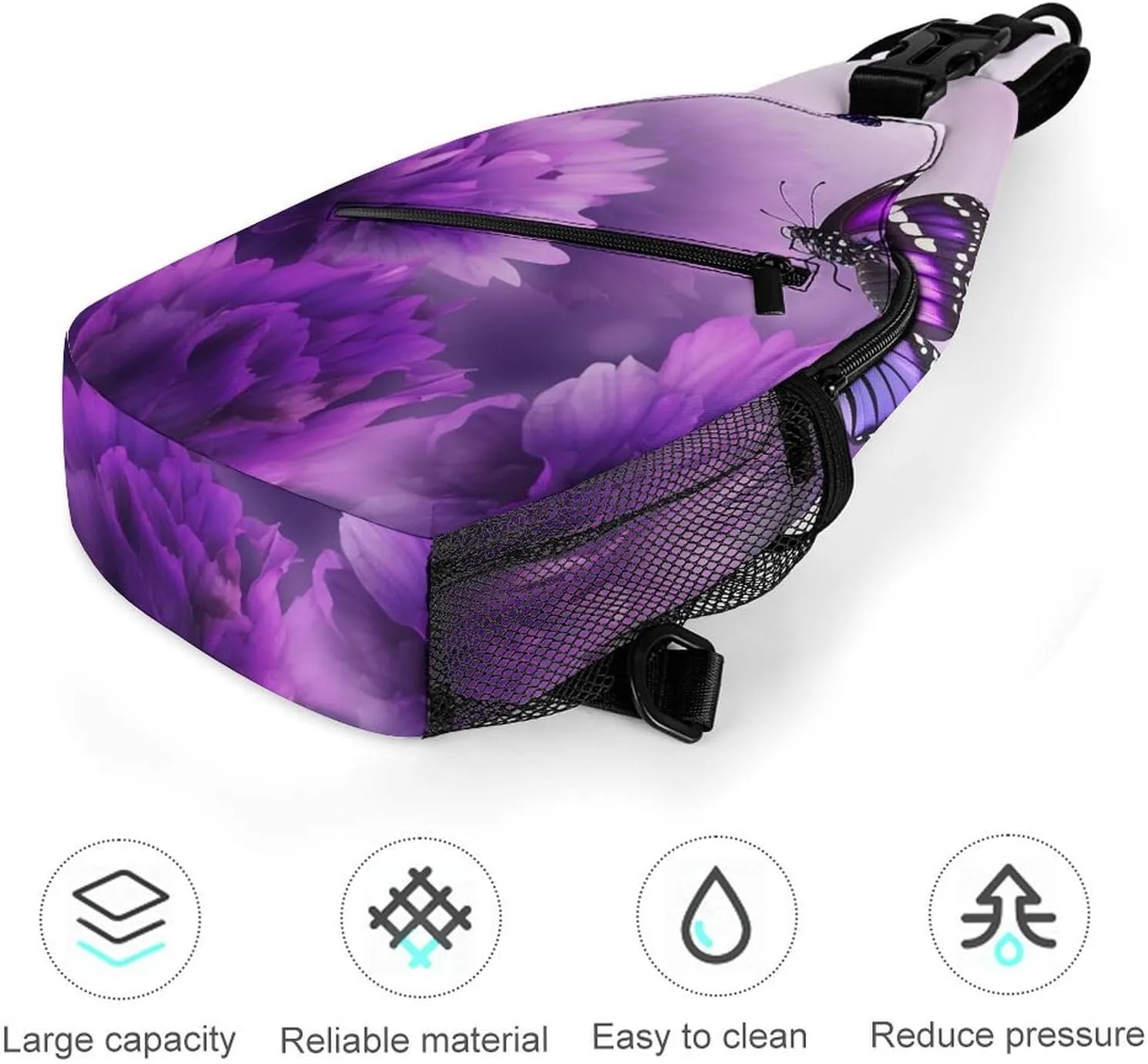 Lightweight Chest Bag Crossbody Bag Purple Flower Butterflies Sling Backpack for Women Men Sports Travel