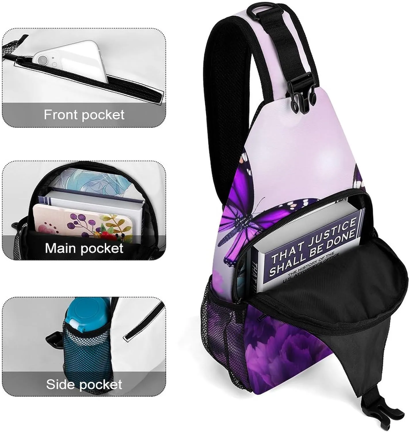 Lightweight Chest Bag Crossbody Bag Purple Flower Butterflies Sling Backpack for Women Men Sports Travel