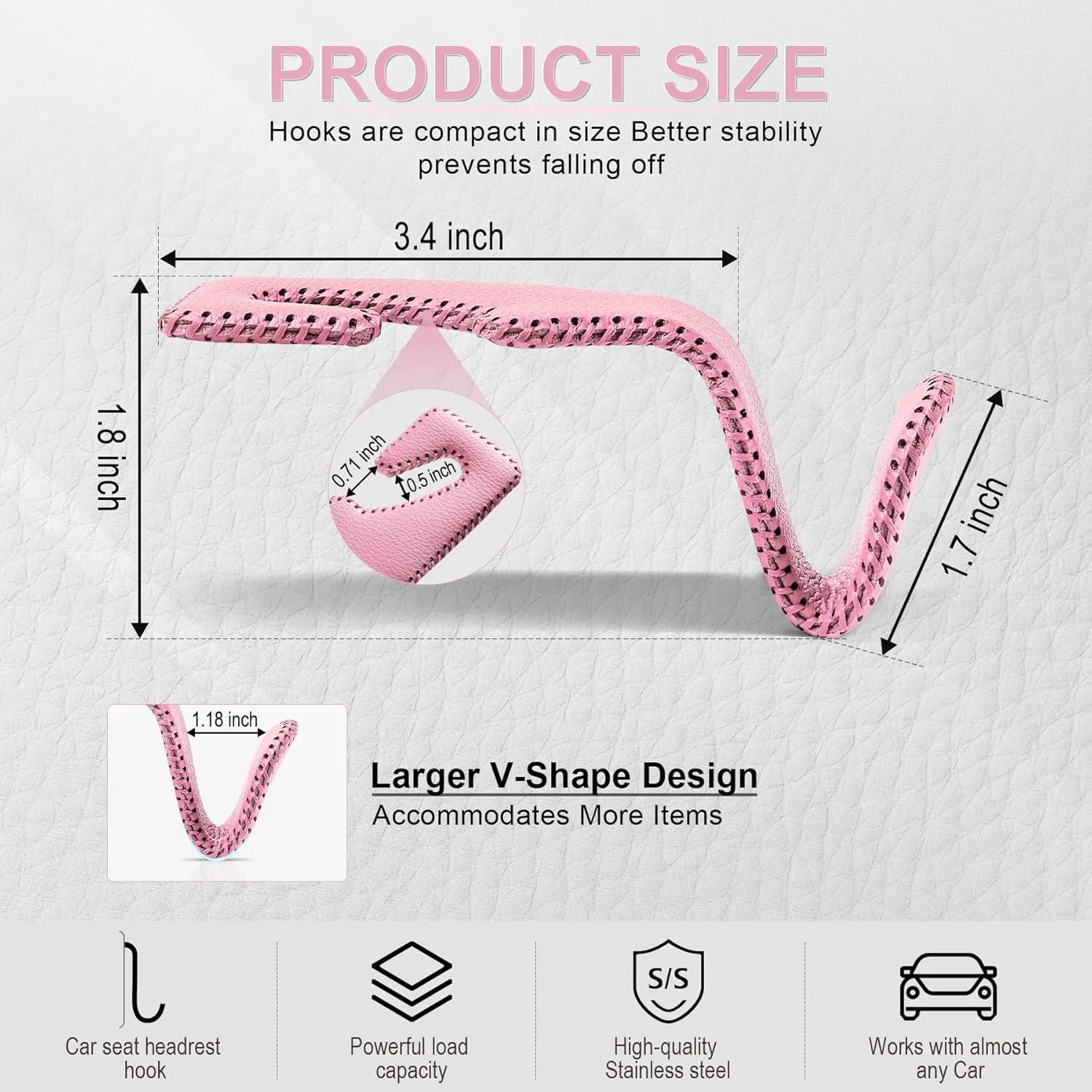 LivTee Headrest Hook for Car, Back Seat Organizer Pink Leather Hanger Holder Hook, Interior Car Accessories for Hanging Purses Bags Coats, 2 Pack