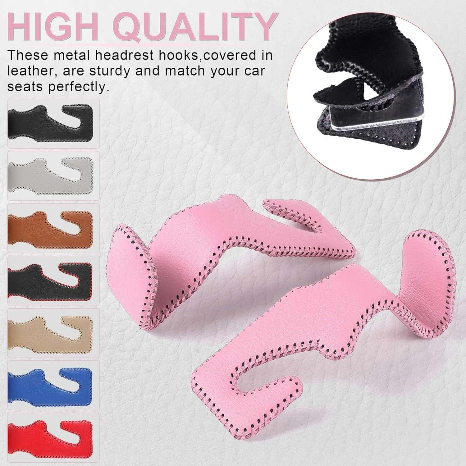 LivTee Headrest Hook for Car, Back Seat Organizer Pink Leather Hanger Holder Hook, Interior Car Accessories for Hanging Purses Bags Coats, 2 Pack