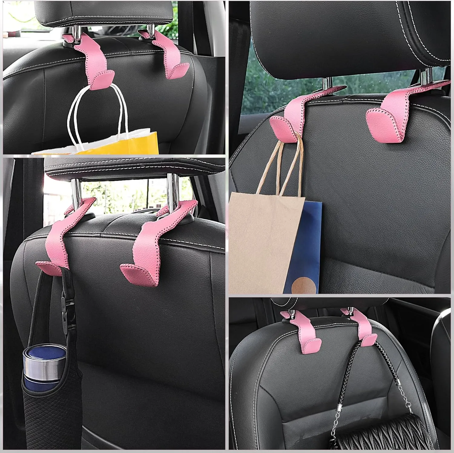 LivTee Headrest Hook for Car, Back Seat Organizer Pink Leather Hanger Holder Hook, Interior Car Accessories for Hanging Purses Bags Coats, 2 Pack