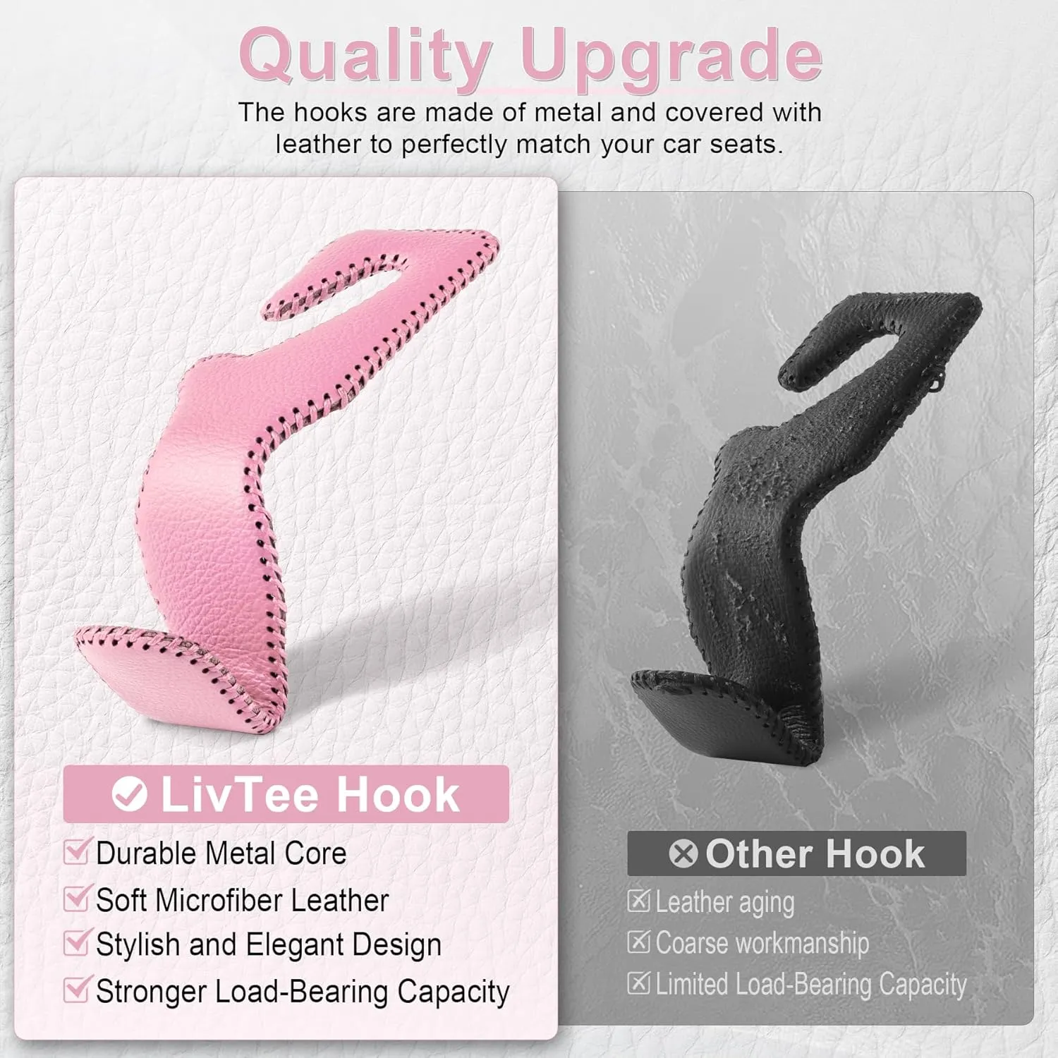 LivTee Headrest Hook for Car, Back Seat Organizer Pink Leather Hanger Holder Hook, Interior Car Accessories for Hanging Purses Bags Coats, 2 Pack