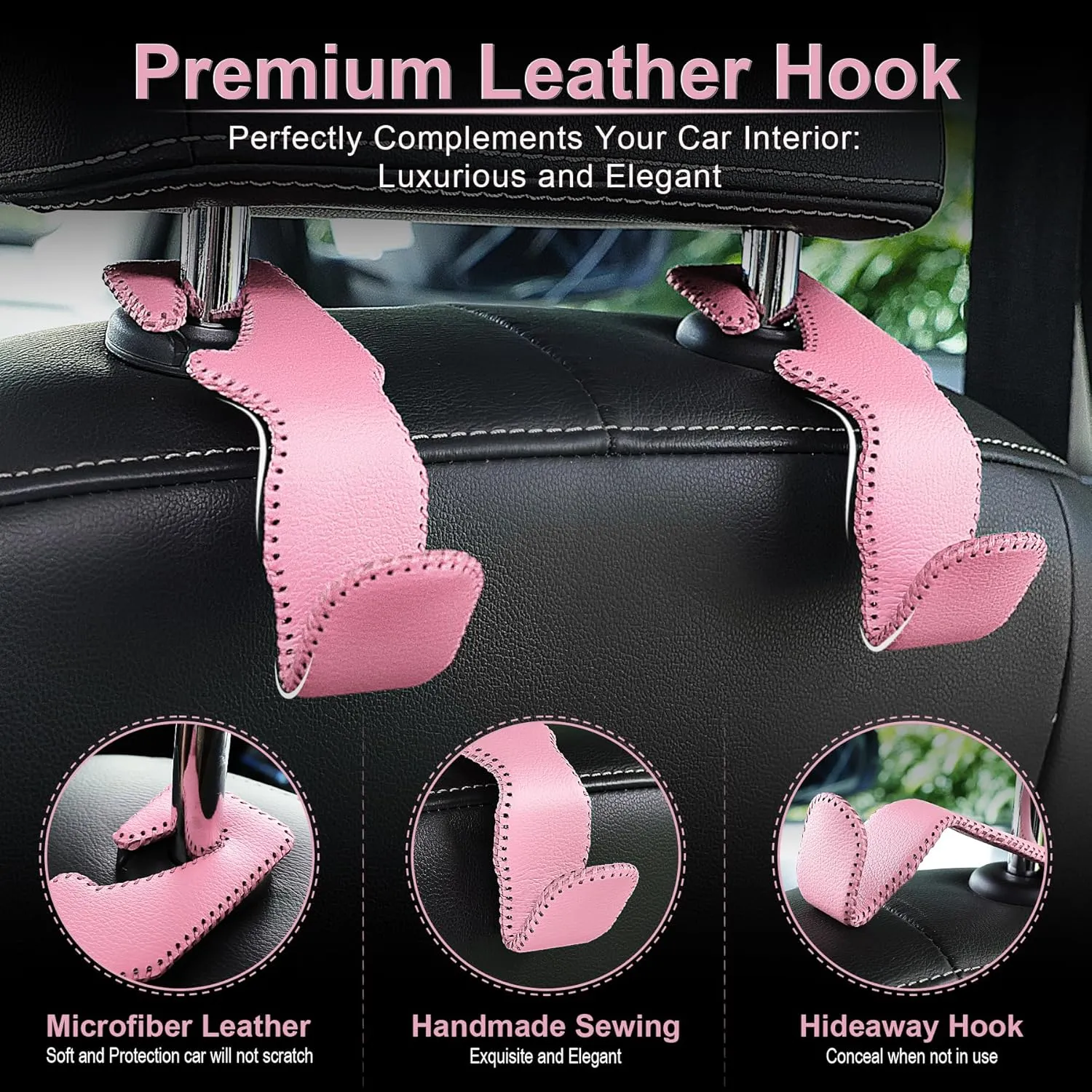 LivTee Headrest Hook for Car, Back Seat Organizer Pink Leather Hanger Holder Hook, Interior Car Accessories for Hanging Purses Bags Coats, 2 Pack