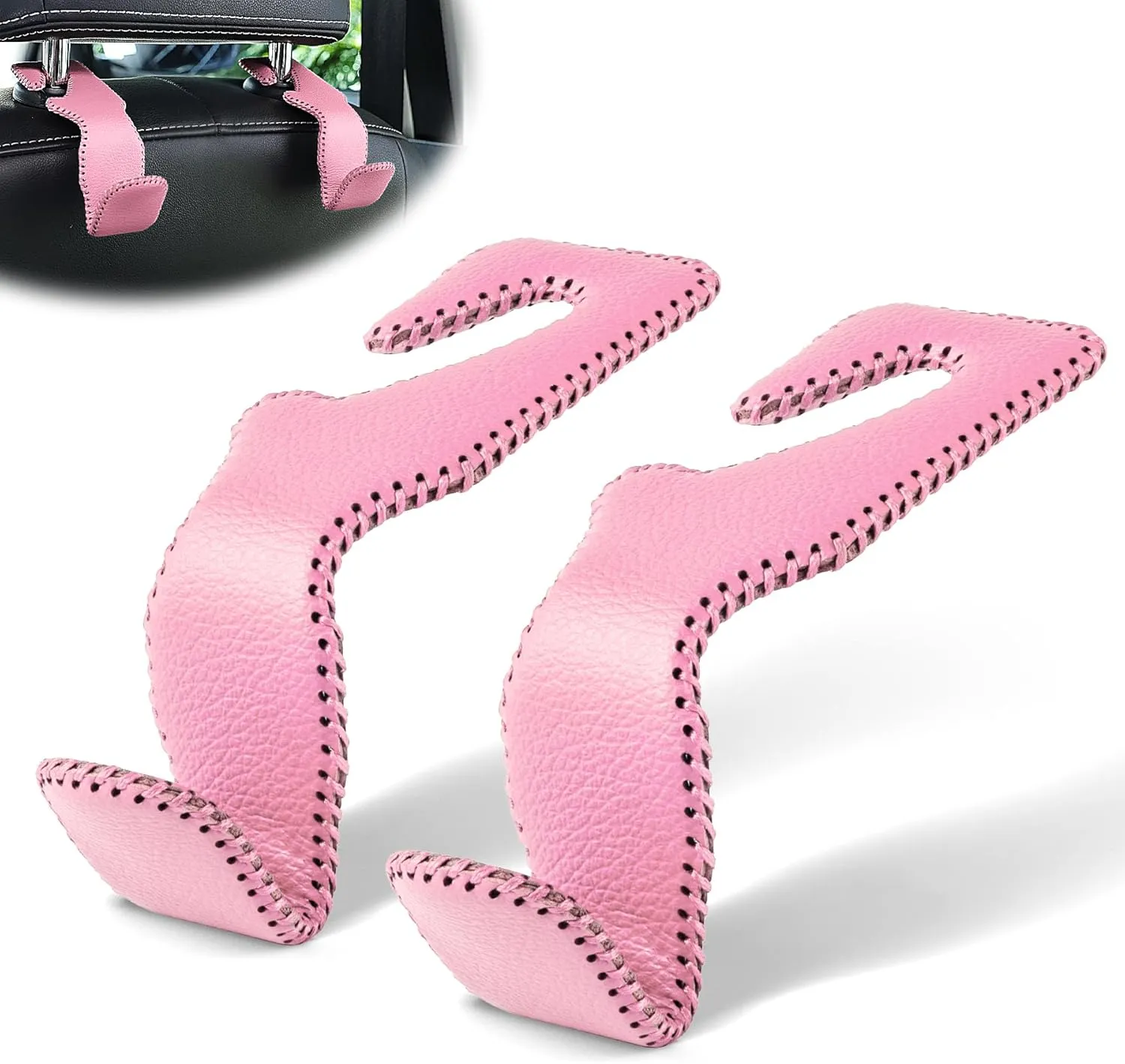 LivTee Headrest Hook for Car, Back Seat Organizer Pink Leather Hanger Holder Hook, Interior Car Accessories for Hanging Purses Bags Coats, 2 Pack