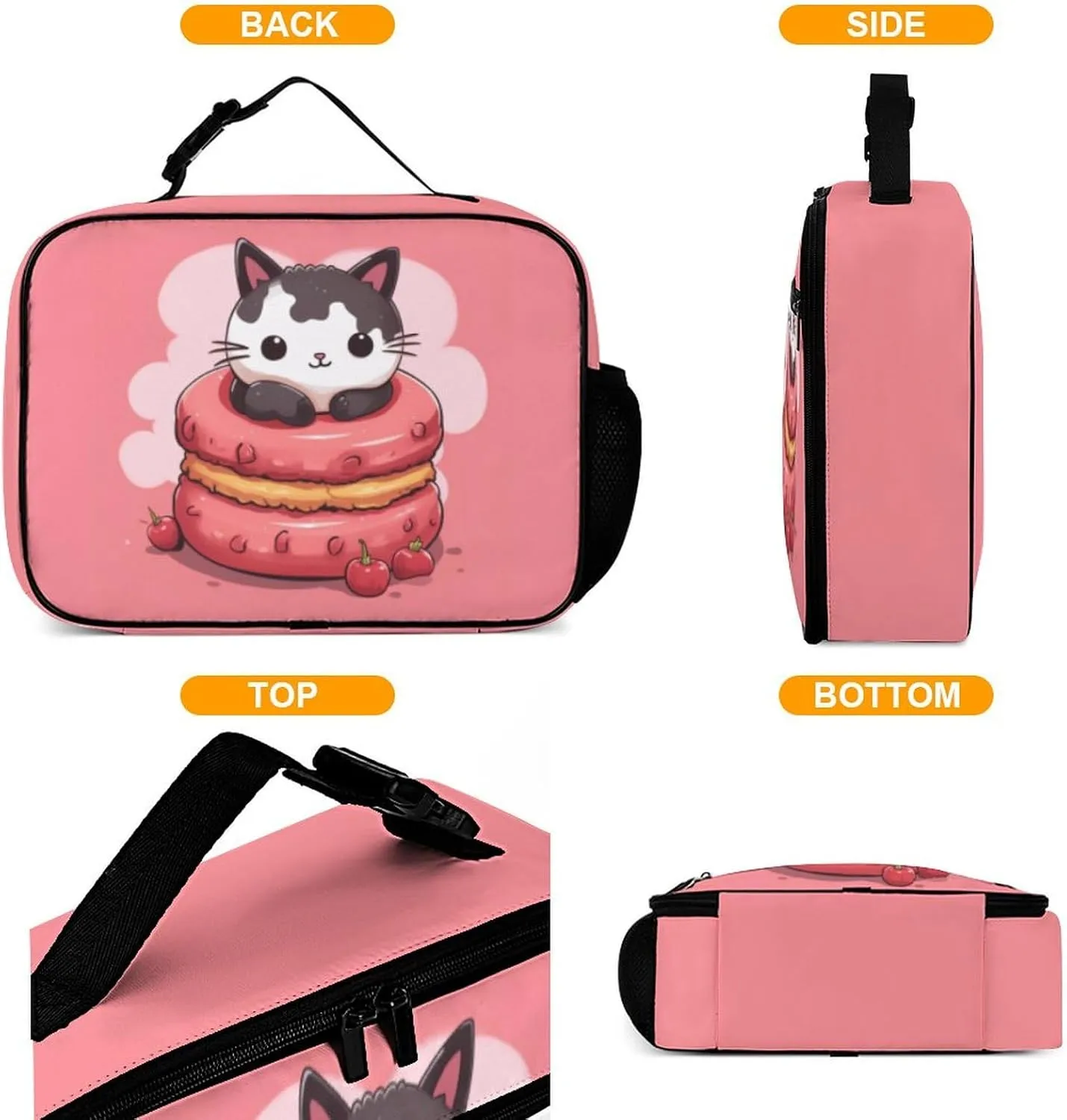 Macaron Cute Cat Reusable Lunch Box Insulated Lunch Bag Cooler Bag Lunchbox Meal Food Container Tote Bag for Women Kids Girls Boy School Camping Hiking Picnic Beach Travel