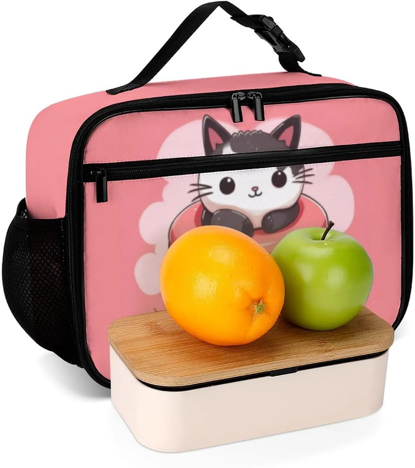 Macaron Cute Cat Reusable Lunch Box Insulated Lunch Bag Cooler Bag Lunchbox Meal Food Container Tote Bag for Women Kids Girls Boy School Camping Hiking Picnic Beach Travel