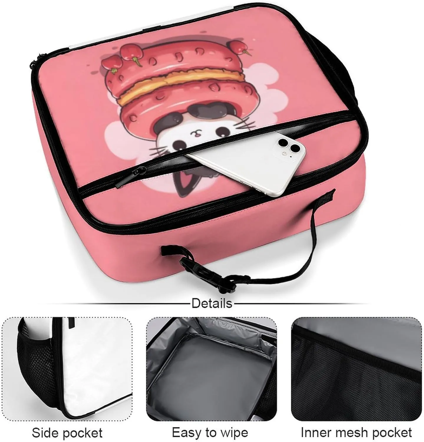 Macaron Cute Cat Reusable Lunch Box Insulated Lunch Bag Cooler Bag Lunchbox Meal Food Container Tote Bag for Women Kids Girls Boy School Camping Hiking Picnic Beach Travel