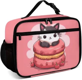 Macaron Cute Cat Reusable Lunch Box Insulated Lunch Bag Cooler Bag Lunchbox Meal Food Container Tote Bag for Women Kids Girls Boy School Camping Hiking Picnic Beach Travel