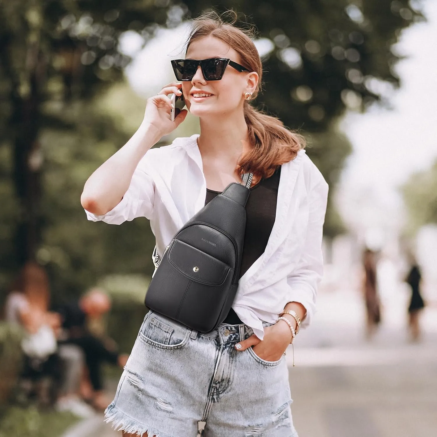 Missnine PU Leather Sling Bag for Women Quilted Chest Crossbody Trendy Travel Bag for Hiking Cycling with Tassel
