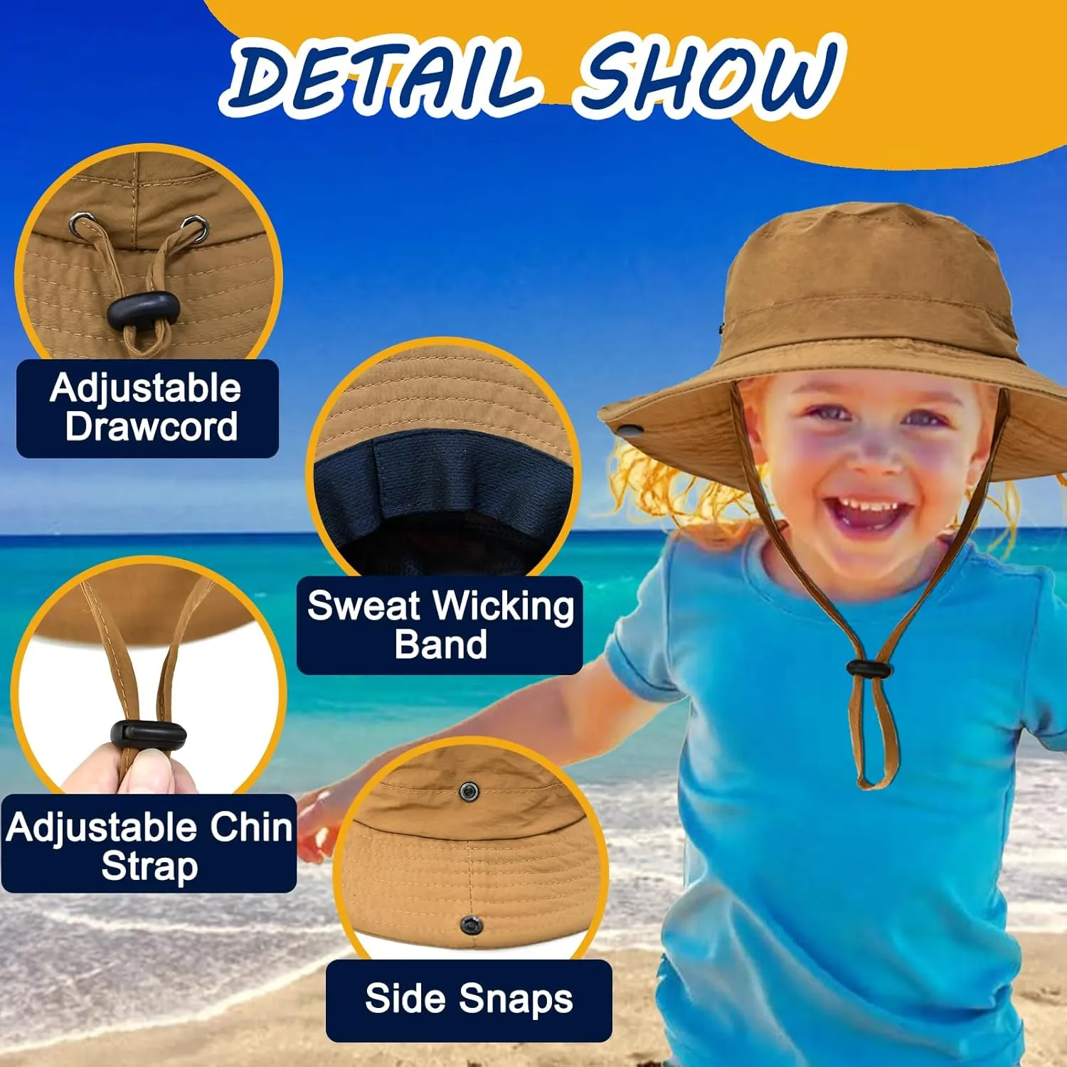 Outdoor Kids Sun Hat UPF 50  Quick Dry Foldable Bucket Hat Lightweight Adjustable Fishing Safari Hat for Girls and Boys