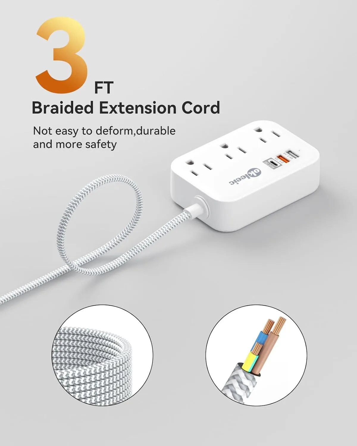 PD 20W USB C Travel Power Strip, Flat Plug Power Strip with 3 USB(1 USB C) Ports, Short Extension Cord 3FT PD 20W Fast Charging Station, Cruise Ship Essentials Compatible with iPad Pro iPhone Samsung