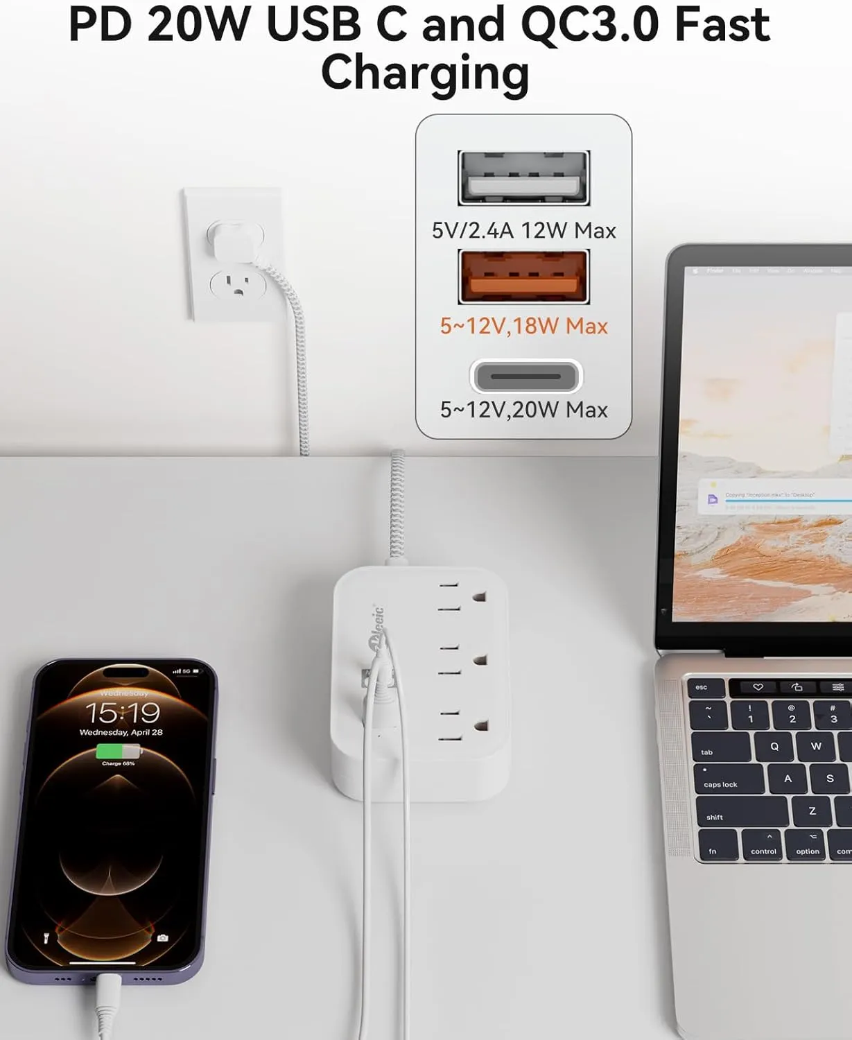 PD 20W USB C Travel Power Strip, Flat Plug Power Strip with 3 USB(1 USB C) Ports, Short Extension Cord 3FT PD 20W Fast Charging Station, Cruise Ship Essentials Compatible with iPad Pro iPhone Samsung