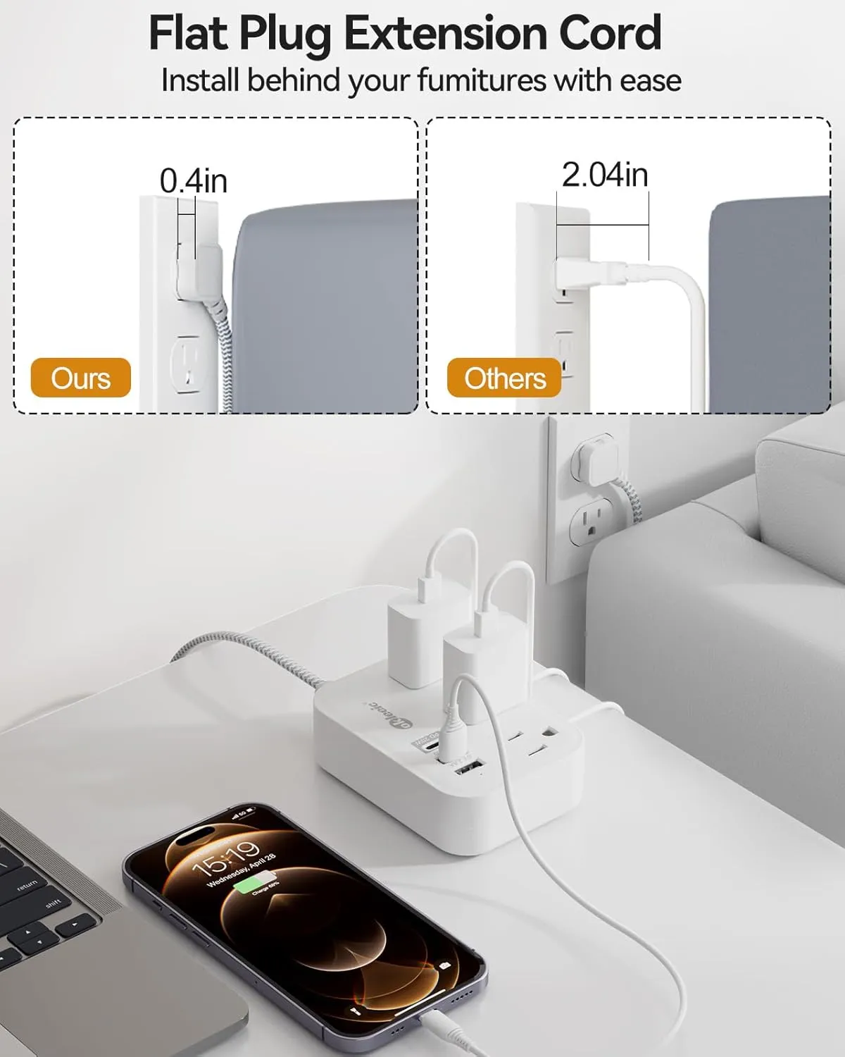 PD 20W USB C Travel Power Strip, Flat Plug Power Strip with 3 USB(1 USB C) Ports, Short Extension Cord 3FT PD 20W Fast Charging Station, Cruise Ship Essentials Compatible with iPad Pro iPhone Samsung