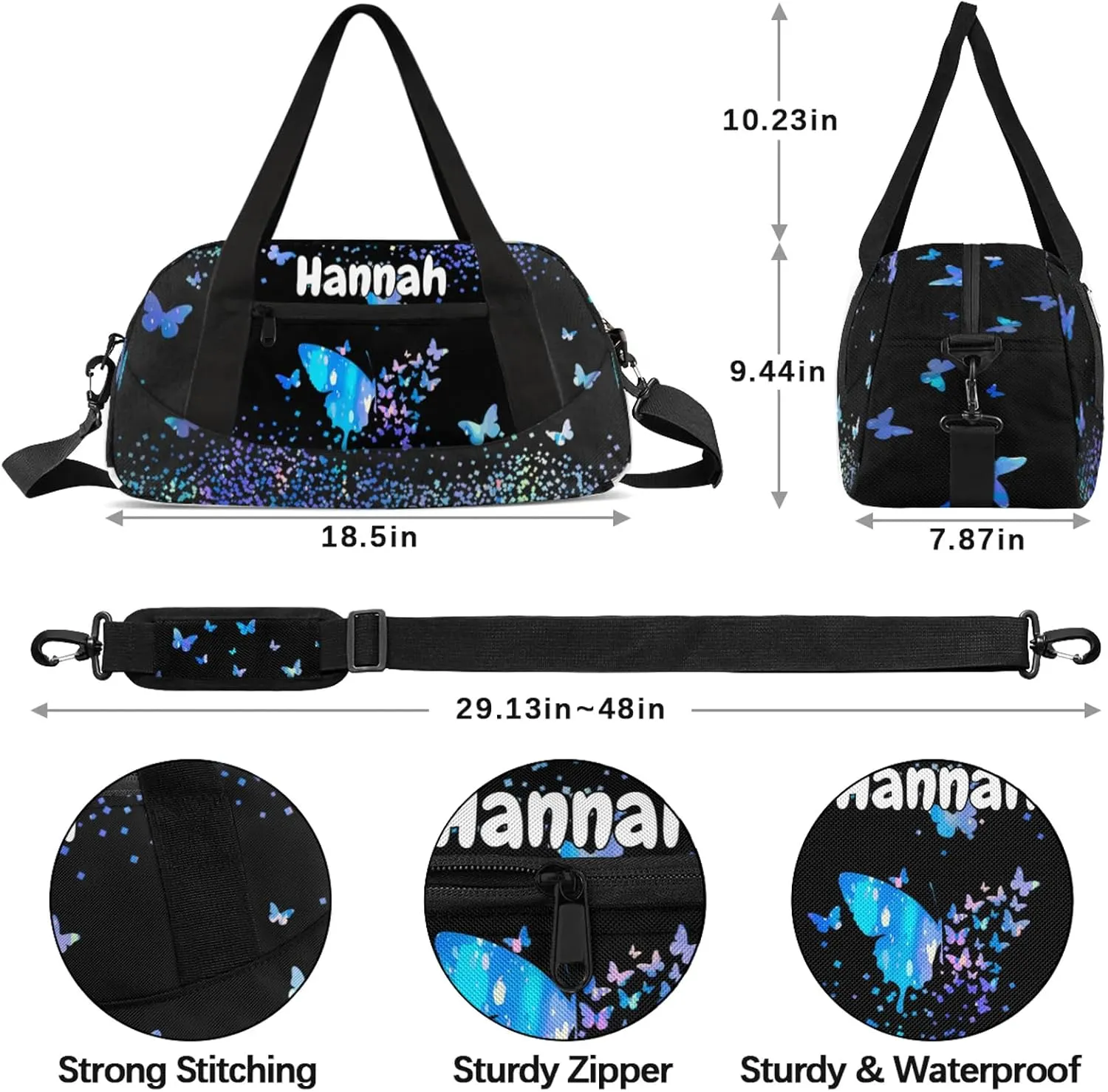 Personalized Duffel Bag with Name Butterfly Custom Travel Sports Bag for Women Men Waterproof Dance Ballet Bag Lightweight 18.5in, Blue