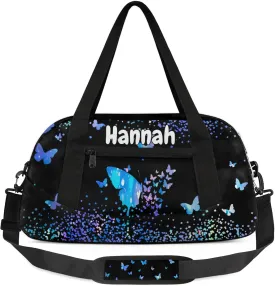 Personalized Duffel Bag with Name Butterfly Custom Travel Sports Bag for Women Men Waterproof Dance Ballet Bag Lightweight 18.5in, Blue