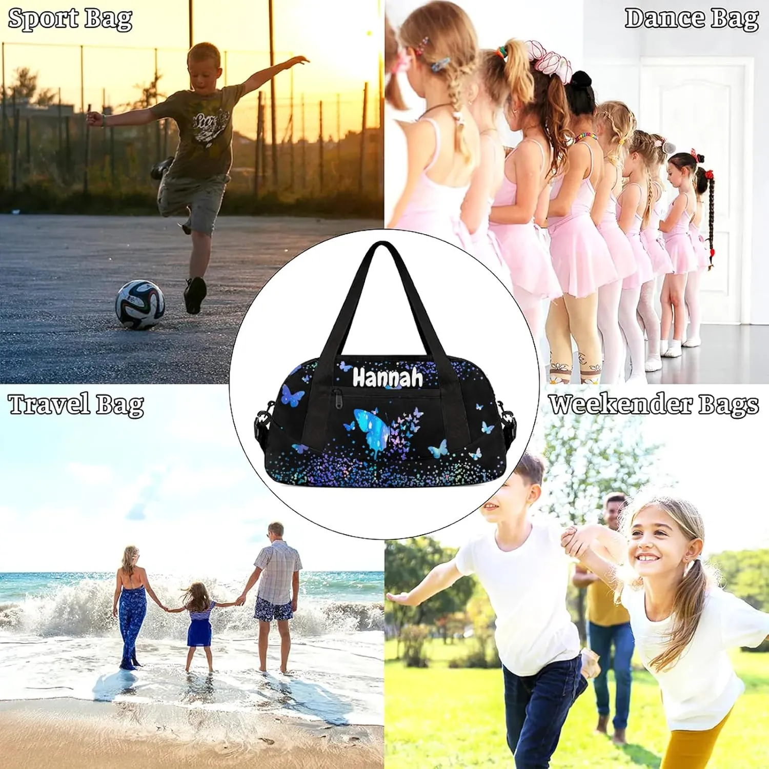 Personalized Duffel Bag with Name Butterfly Custom Travel Sports Bag for Women Men Waterproof Dance Ballet Bag Lightweight 18.5in, Blue
