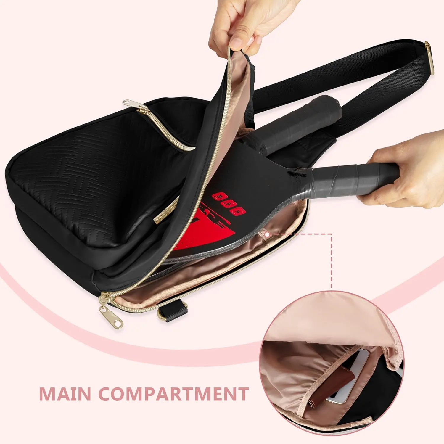 Pickleball Bag for Women, Pickleball Paddle Sling Bag, Pickle Ball Bag for Pickleball Accessories and Sport Gear, Black (Patent Design)