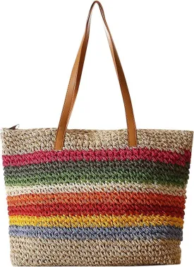 QZUnique Straw Rainbow Handbags Womens Cotton Crochet Hand-Woven Tote Bag Top Handle Casual Shoulder Messenger Portable Bag