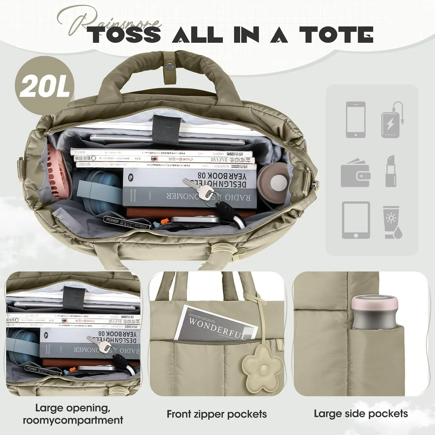 RAINSMORE Laptop Tote Bag for Women 15.6 Inch Lightweight Puffer Work Tote Bag Quilted Travel Bags with Shoulder Strap Large Computer Briefcase Teacher Nurse Bag for Casual Office Travel