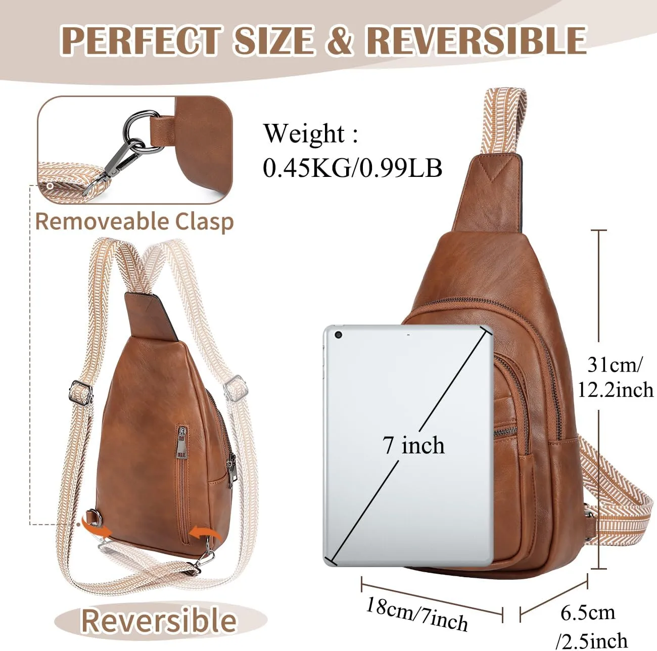 RAVUO Sling Bag for Women, Faux Leather Waist Pack Fashion Ladies Crossbody Chest Belt Bag with Adjustable Strap for Travel Brown