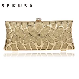SEKUSA Clutch Female Diamonds Metal Hollow Out Style Women Evening Bags Alloy Mixed Color Chain Shoulder Purse Evening Bags