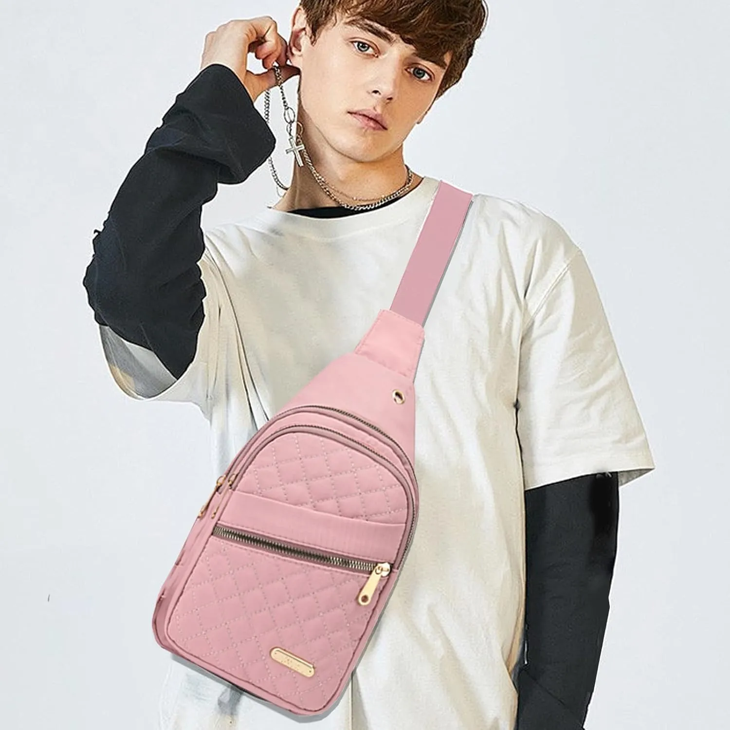 Small Sling Backpack Crossbody Sling Bag, Watertight Backpack With Data Hole for Outdoors Hiking Traveling (Green)(Pink)