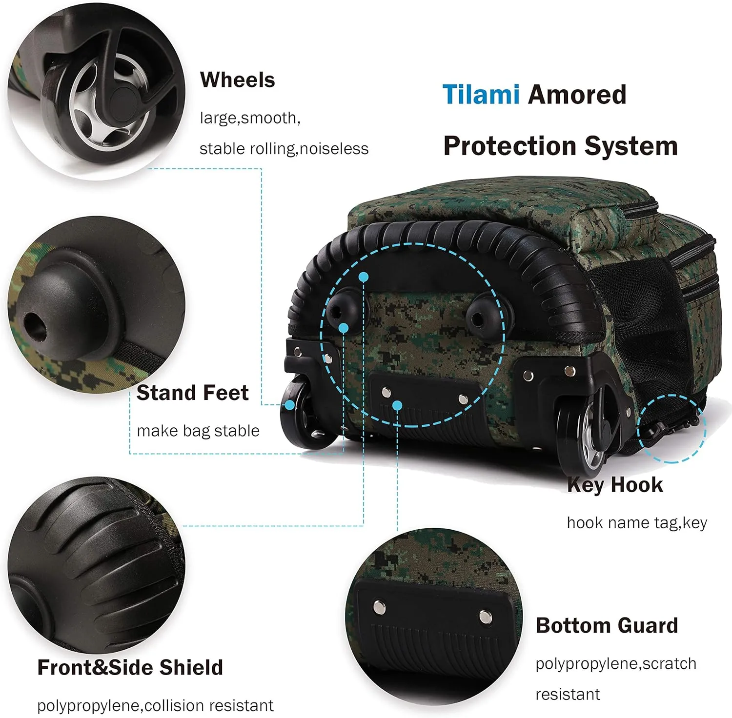 Tilami Rolling Backpack 18 inch Wheeled Backpack School College Student Travel Trip Boys and Girls