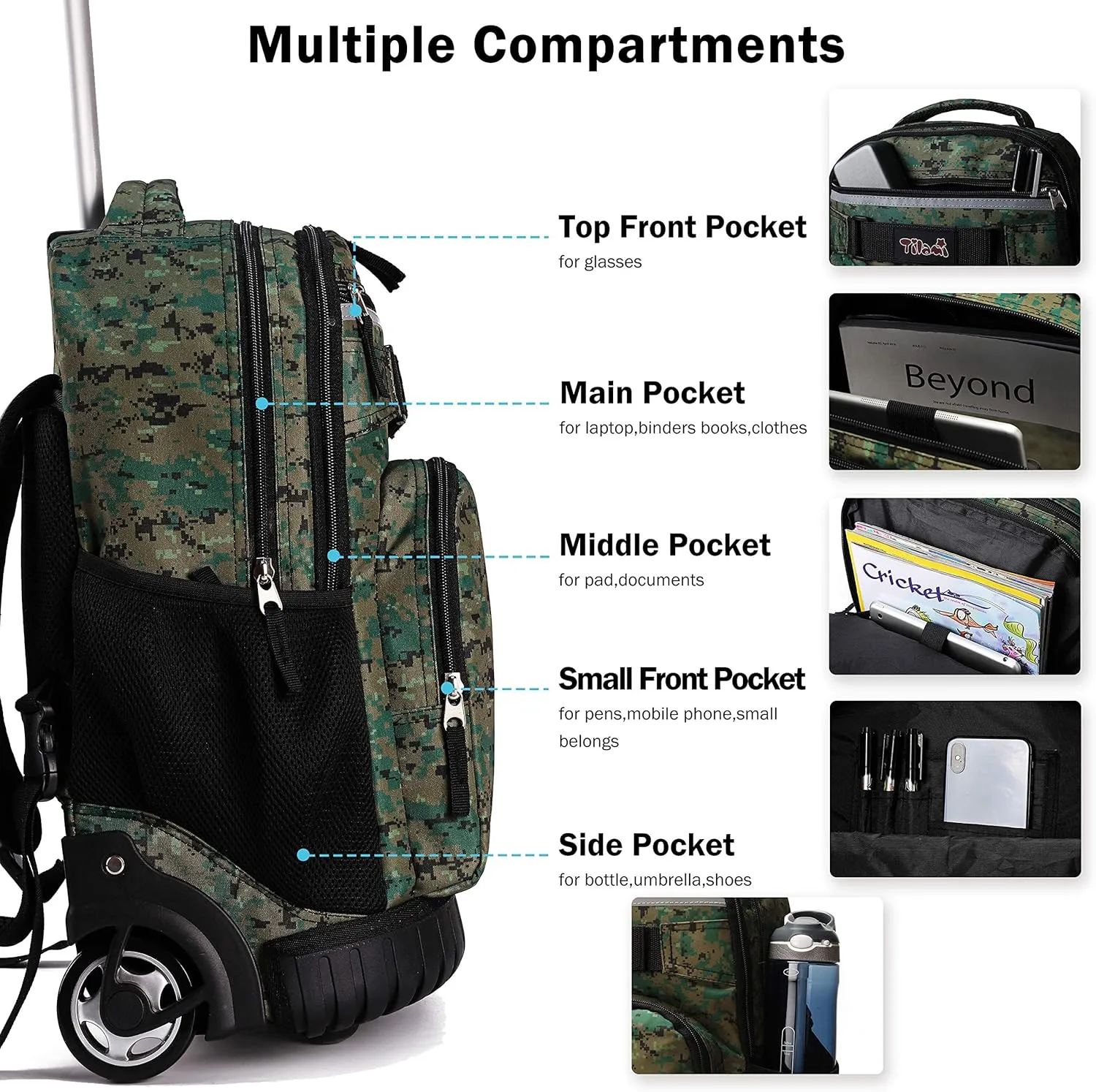 Tilami Rolling Backpack 18 inch Wheeled Backpack School College Student Travel Trip Boys and Girls